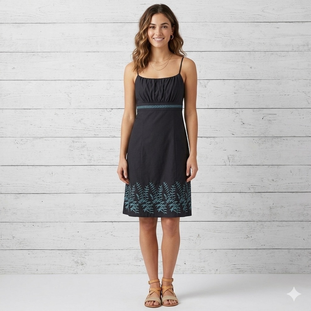 Ann Taylor Navy Blue Embroidered Spaghetti Strap 100% Cotton Dress Size 10